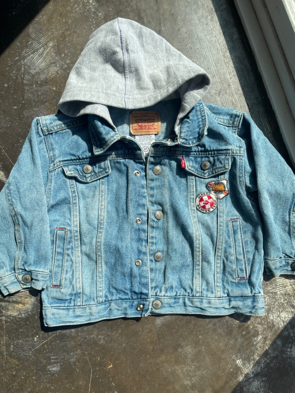 Levi's Kids Blue Denim Jacket with Gray Hood and Patch Accents